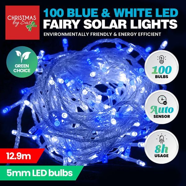 White & Blue Led Solar Fairy Light 12.9m The Base Warehouse