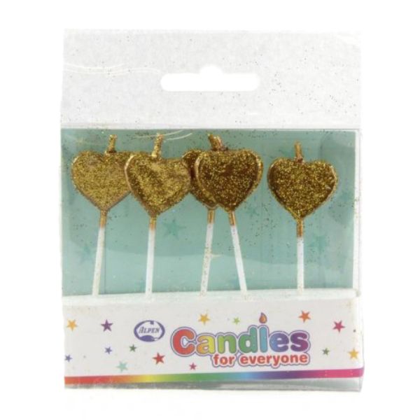 5 Pack Glitter Gold Hearts Candles Set