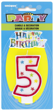 Numeral 5 Candle with Happy Birthday Cake Topper - The Base Warehouse