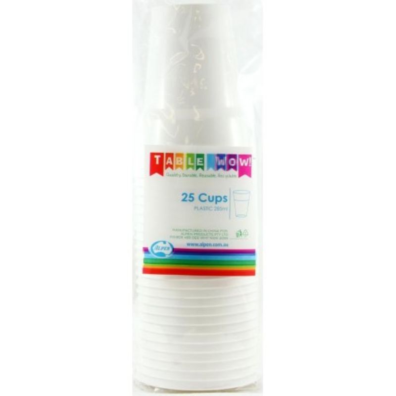25 Pack White Plastic Cups - 285ml