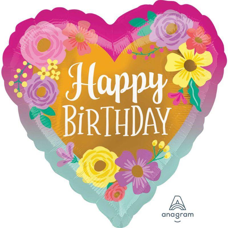 Happy Birthday Painted Flowers Foil Balloon - 45cm - The Base Warehouse