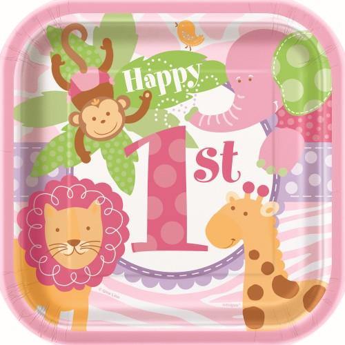 10 Pack 1st Birthday Pink Safari Square Plates - 18cm - The Base Warehouse