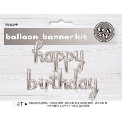 Silver Happy Birthday Foil Balloon Banner with Ribbon - The Base Warehouse