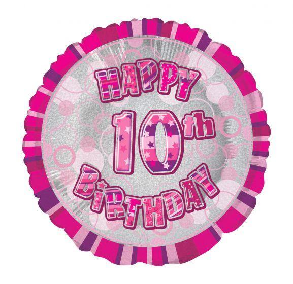 Glitz Pink Happy 10th Birthday Round Foil Balloon - 45cm - The Base Warehouse
