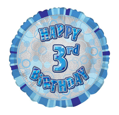 Glitz Blue Happy 3rd Birthday Round Foil Balloon - 45cm - The Base Warehouse