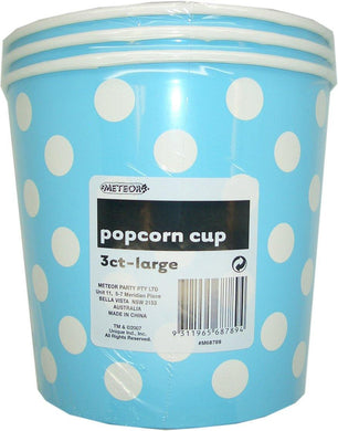 3 Pack Powder Blue Dots Paper Popcorn Cups 2.5L - 16cm x 18cm - The Base Warehouse