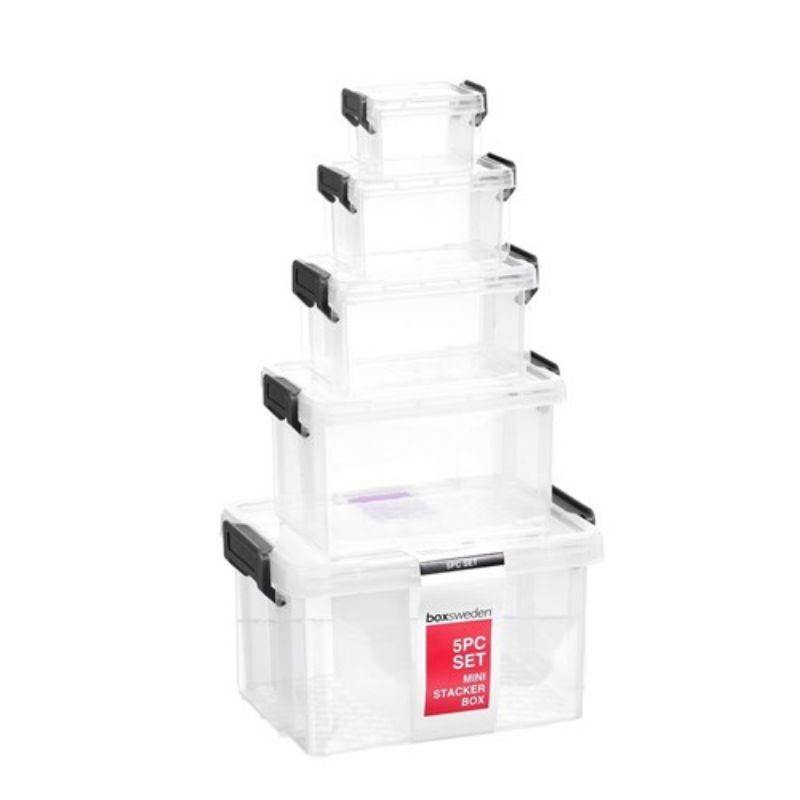 5 Pack Clear Mini Stacker Box Set - The Base Warehouse
