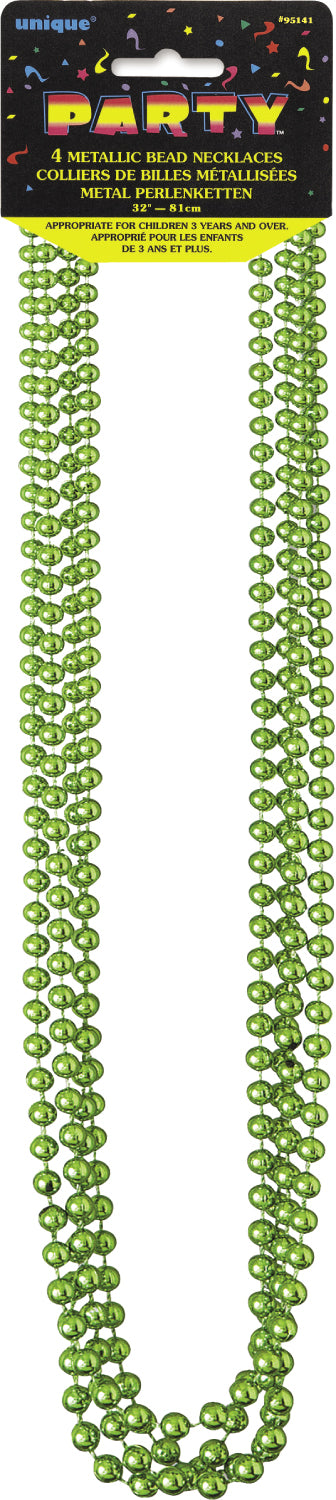 4 Pack Metallic Lime Green Bead Necklaces - 81cm