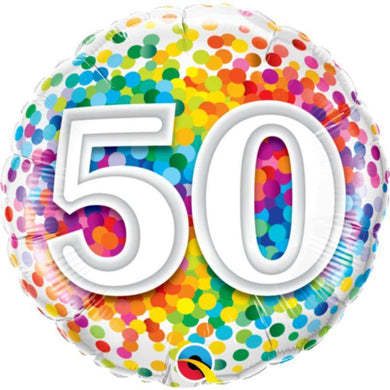 50 Rainbow Confetti Round Foil Balloon - 45cm - The Base Warehouse