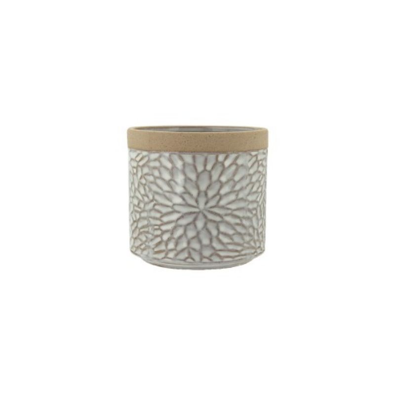 Natural/Cream Carved Pattern Ceramic Pot - 14cm x 14cm x 13cm