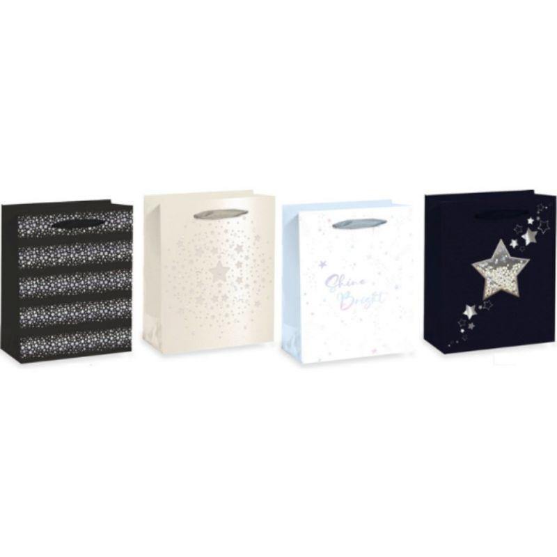 Silver Star Pattern Design Medium Gift Bag - 18cm x 23cm x 10cm - The Base Warehouse