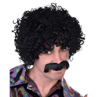 Black Disco Afro Wig with Moustache - The Base Warehouse
