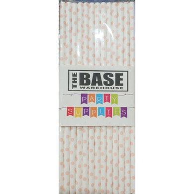 25 Pack Soft Pink Poka Dot Paper Straws - The Base Warehouse